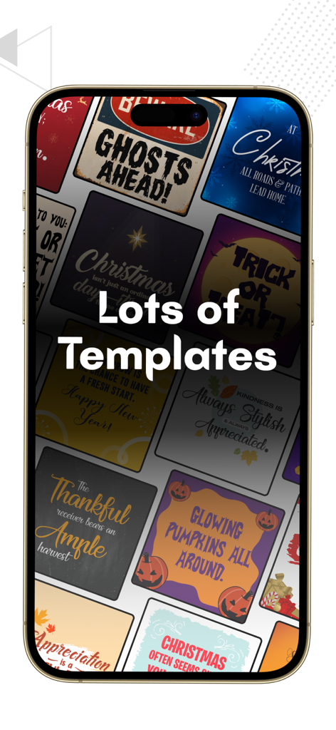 スマートフォン画面に表示されたソーシャルメディア投稿用のさまざまなカラフルなテキストデザインテンプレート