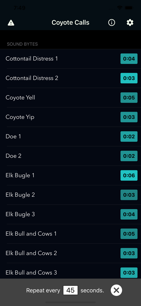 A list of predator hunting sounds including coyote yells and elk bugles in the Coyote Calls app.