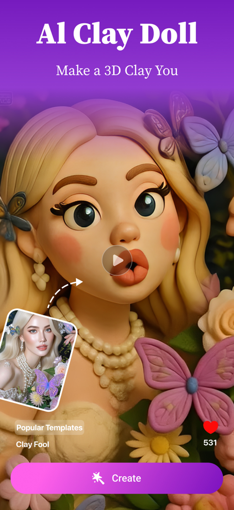 Pollo Max: AI ASMR Video Maker - AI-generated 3D clay doll transformation of a woman with butterflies and flowers
