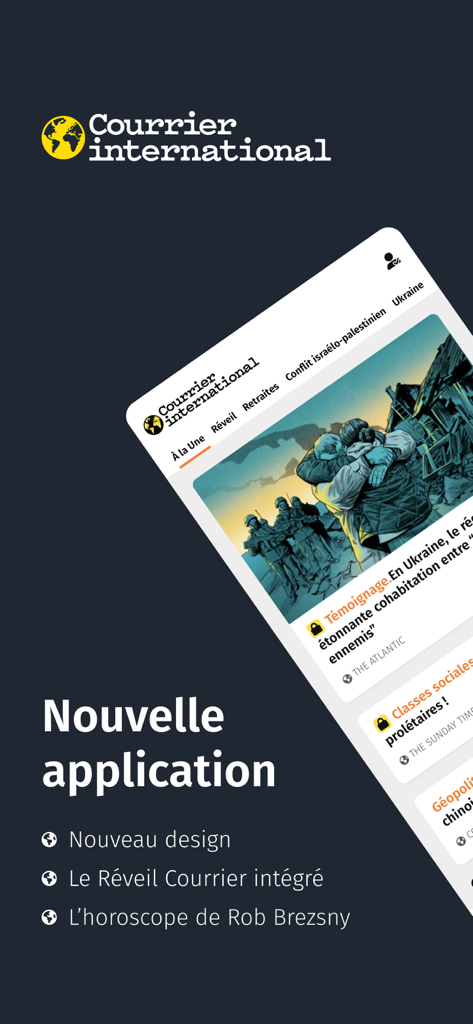 Courrier international - The new Courrier International app interface featuring world news and a modern design.
