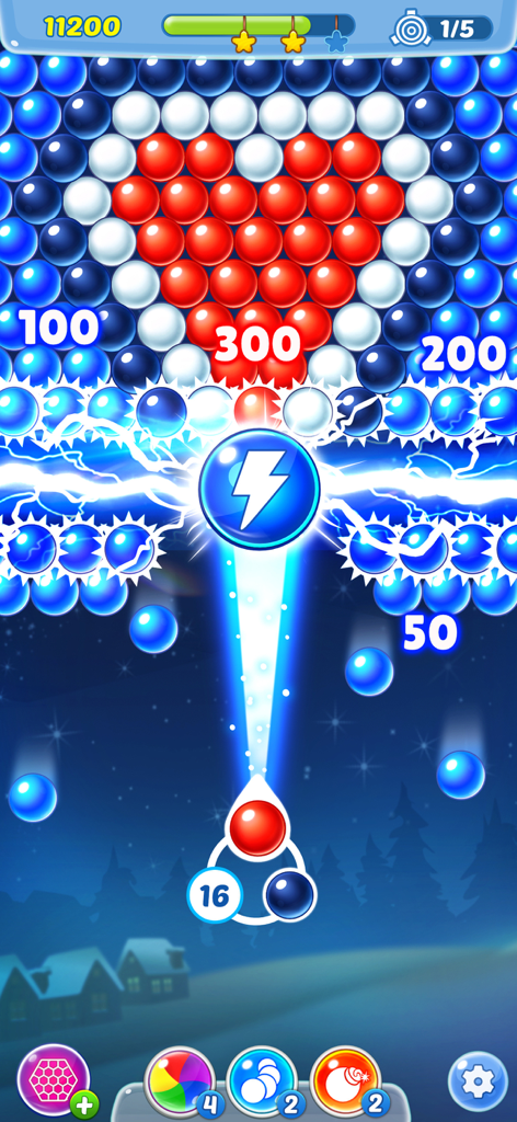 Pastry Pop gameplay showing a lightning power up shooting towards heart shaped bubbles