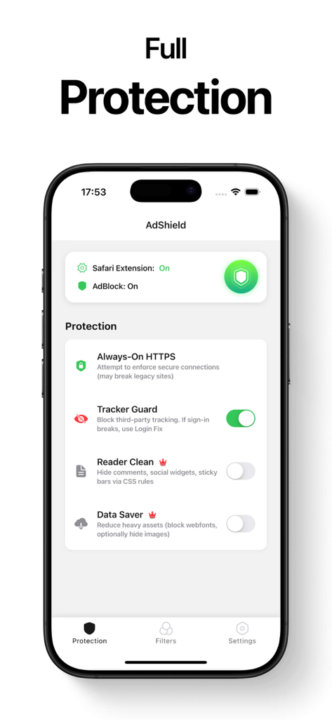 Ad Blocker for Browser . - iPhone screenshot showing ad blocker protection settings for Safari including tracker guard and data saver