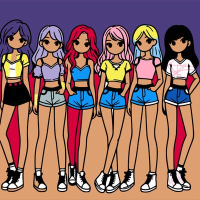 a group of girls wearing crop tops and shorts