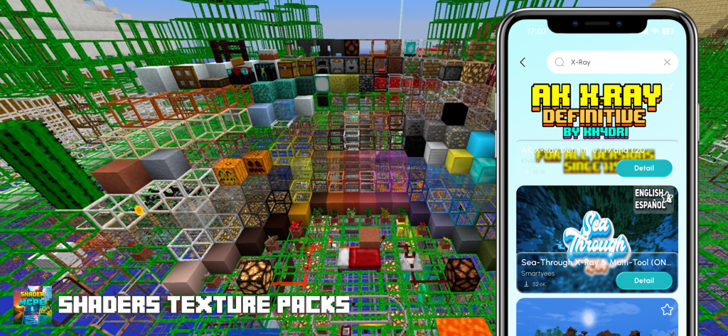 Mobile app interface displaying X-ray texture packs for Minecraft PE with a transparent block world background