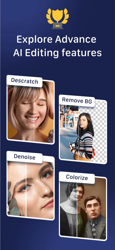사진 복원 및 향상을 위한 긁힘 제거, 배경 제거, 노이즈 제거, 색상 복원 등 AI 편집 기능 표시