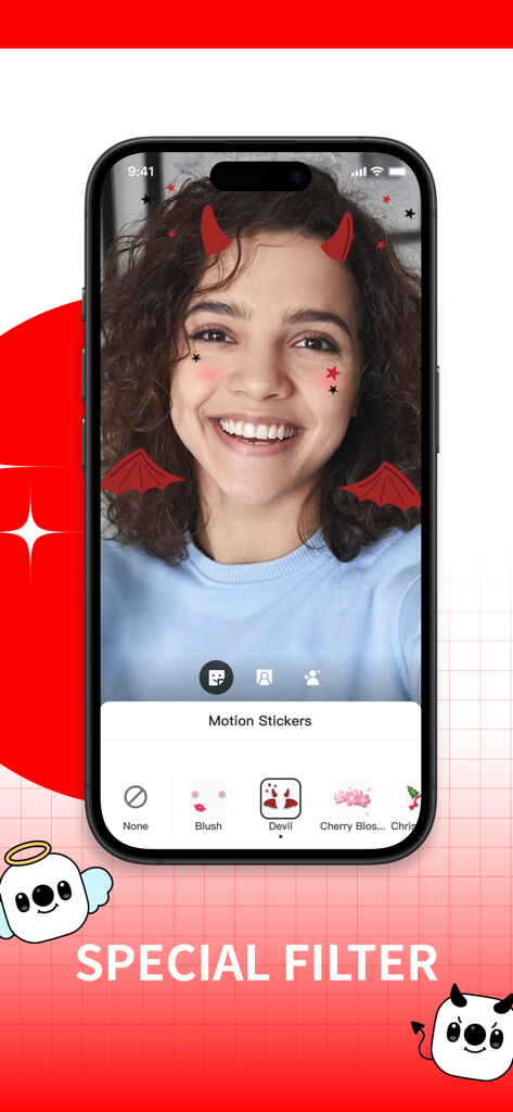 17LIVE - Live Streaming & Chat - A user applying a devil motion sticker filter in the 17LIVE app