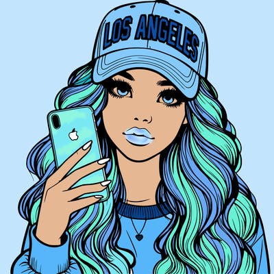 realistic beautiful girl wearing los ángeles cap holding an iphone
