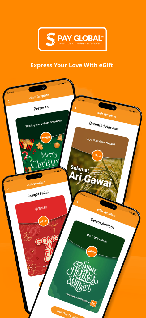 S PAY GLOBAL mobile app interface showing digital eGift templates for festive occasions like Christmas, Gawai, Chinese New Year, and Aidilfitri