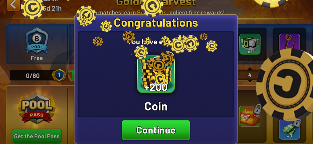 8 Pool Clash - Pantalla de felicitación de 8 Pool Clash mostrando una recompensa de 200 monedas