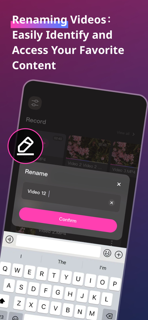 Verto：HD Audio - Visual - Vertoアプリのインターフェイスで、ポップアップダイアログとキーボードを備えたビデオ名前変更機能が表示されている