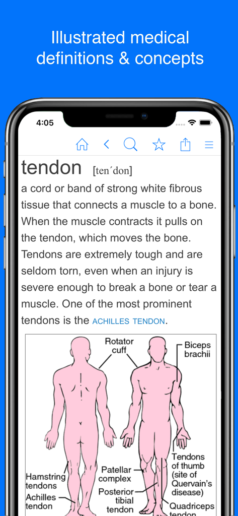 Medical Dictionary by Farlex - A screenshot of the Medical Dictionary by Farlex app showing the definition and anatomical illustration of a tendon