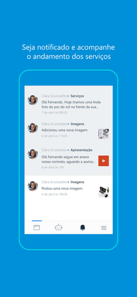 Evonline Marketing Digital - Feed de atualizações de serviços e notificações no aplicativo Evonline Marketing Digital.