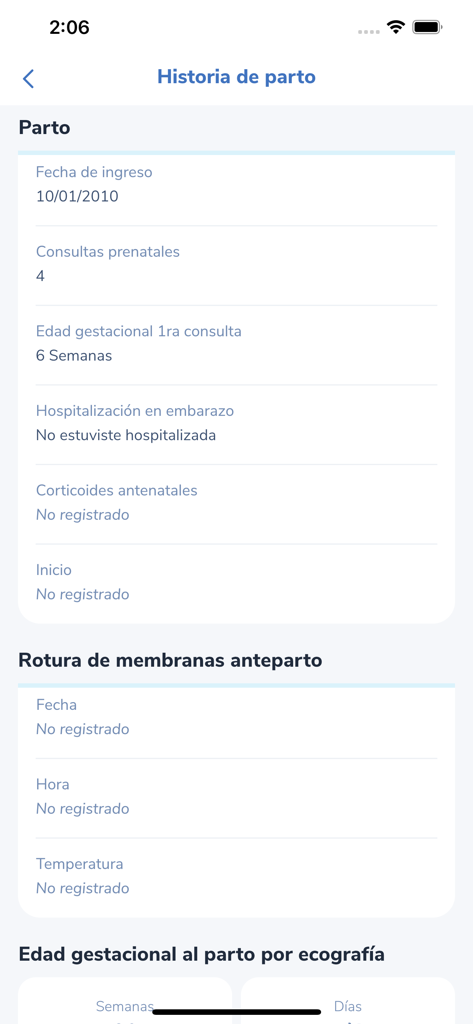 MiSip - Tela de histórico de parto do aplicativo MiSip exibindo registros clínicos de parto e cuidados pré-natais em espanhol