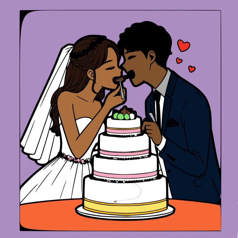 couple taking the first bite of their wedding cake