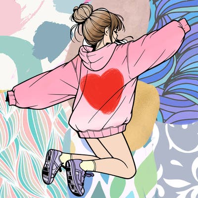 realistic girl jumping with a bun and oversized sweatshirt