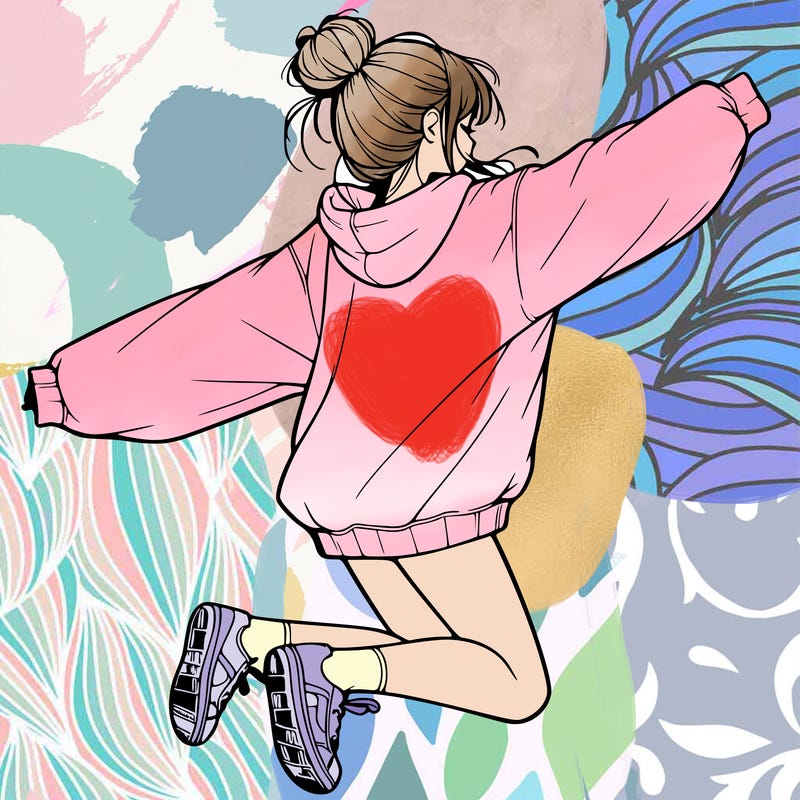realistic girl jumping with a bun and oversized sweatshirt