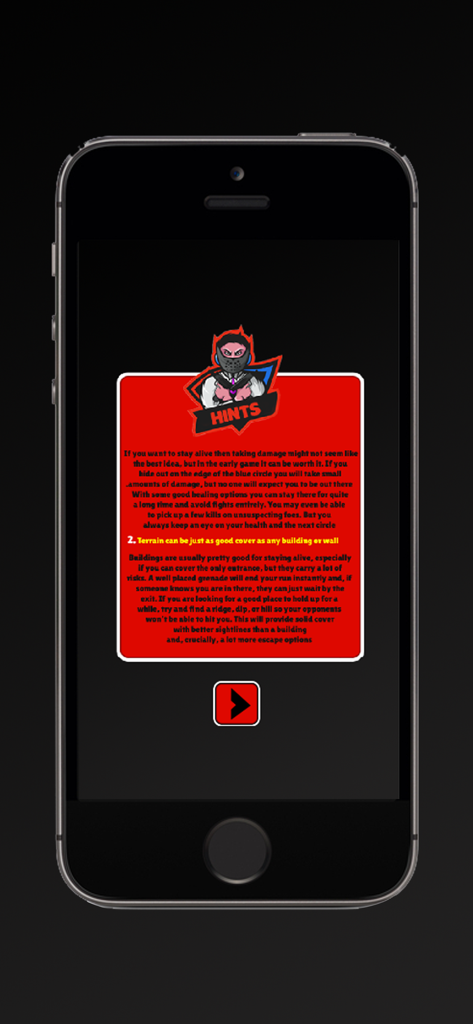Screen showing gameplay hints and strategy tips for PUBG Mobile players.
