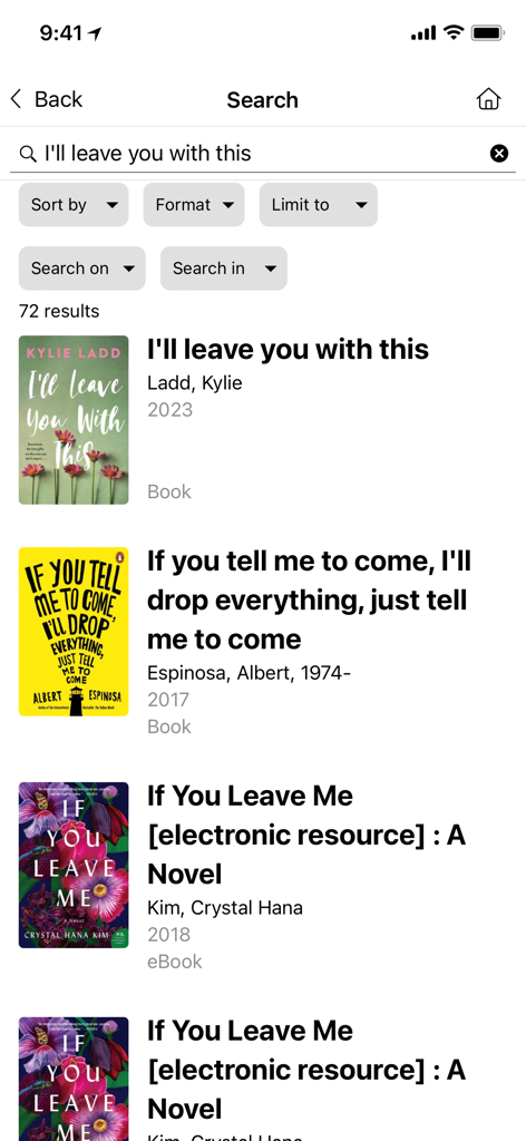 Hutt City Libraries - Search results screen in the Hutt City Libraries app showing a list of books and search filters.