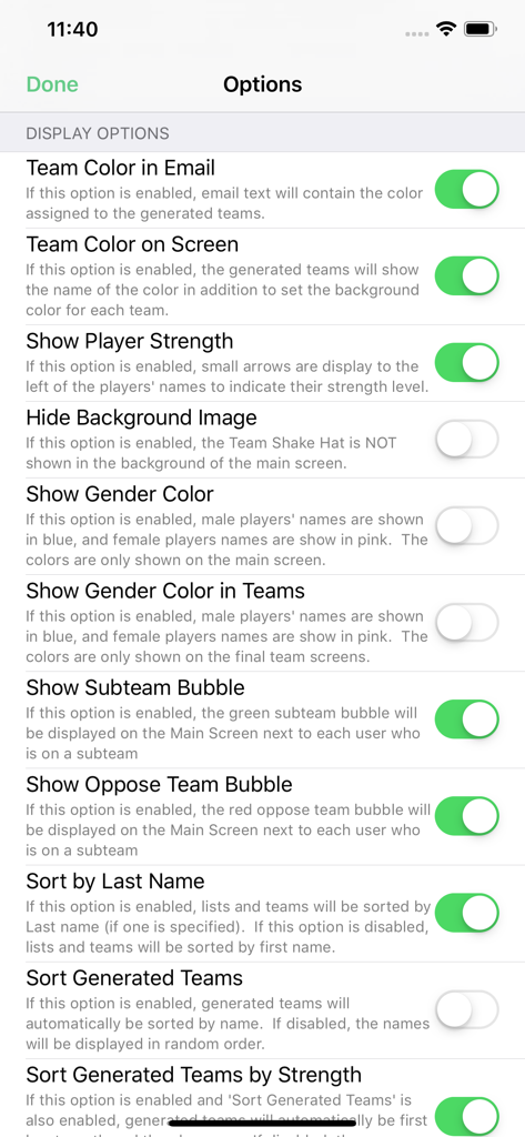 Team Shake - Team Shake app display options and settings menu on iPhone