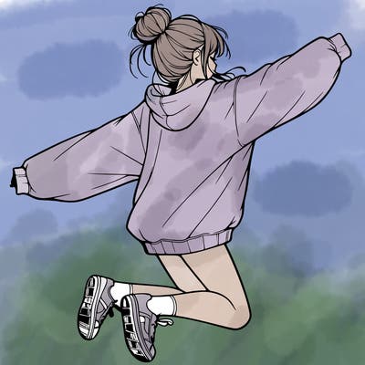 realistic girl jumping with a bun and oversized sweatshirt