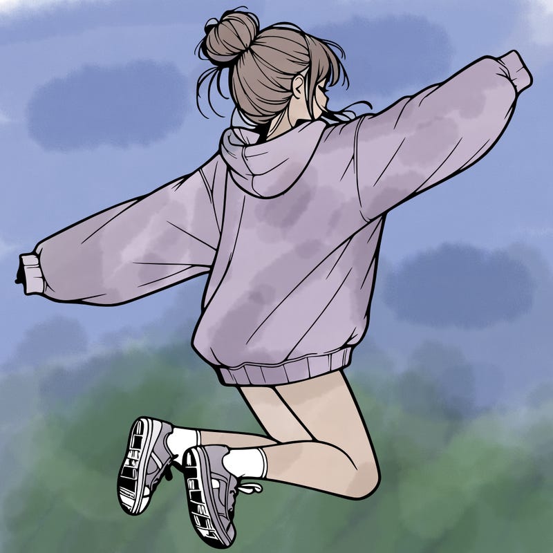 realistic girl jumping with a bun and oversized sweatshirt