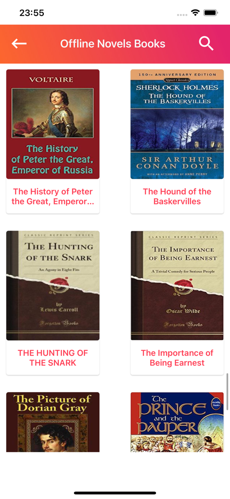 Vista a griglia di copertine di libri classici nell'interfaccia dell'app Libri Romanzi Inglesi offline