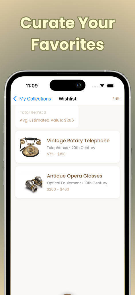 Antique Identifier app wishlist screen showing a vintage rotary telephone and antique opera glasses with their estimated values