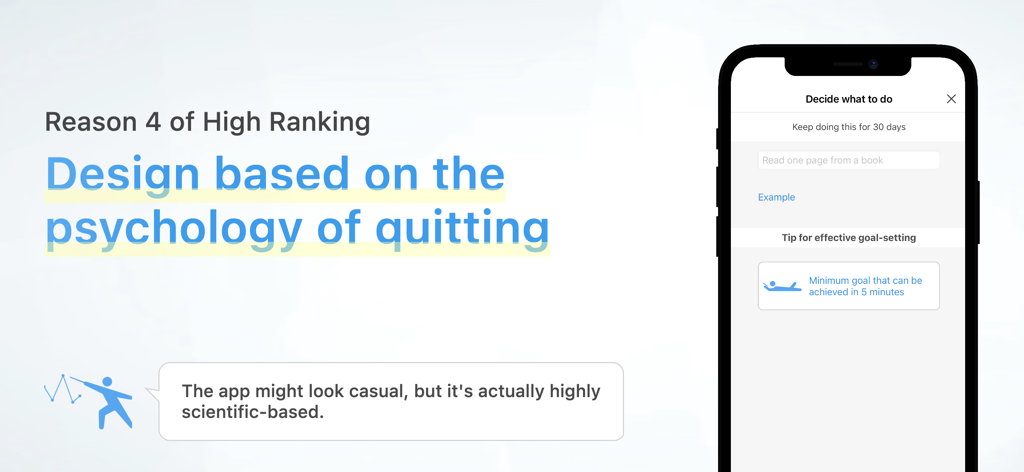 Interfaz de la aplicación que muestra la configuración de hábitos con texto que explica el diseño basado en la psicología