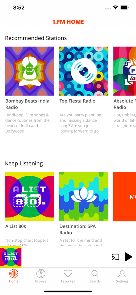 1.FM internet radio app interface displaying recommended music stations and navigation menu