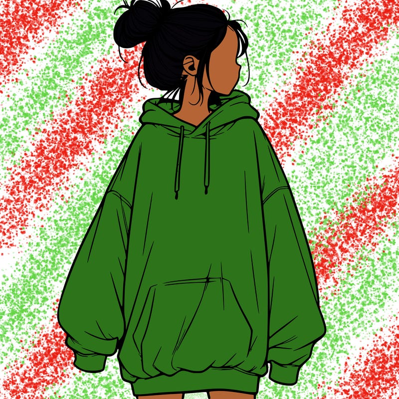realistic girl with a oversized sweatshirt on and a bun