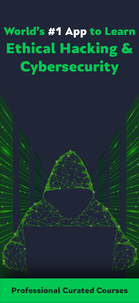 A stylized graphic of a hacker in a hoodie with text promoting the HackerX app for ethical hacking and cybersecurity courses.