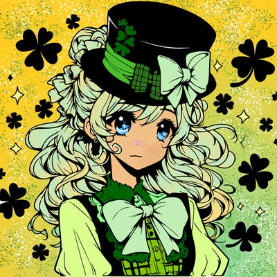 a manga-style girl with clovers around her, a little hat in her hair, like it's saint patrick's day