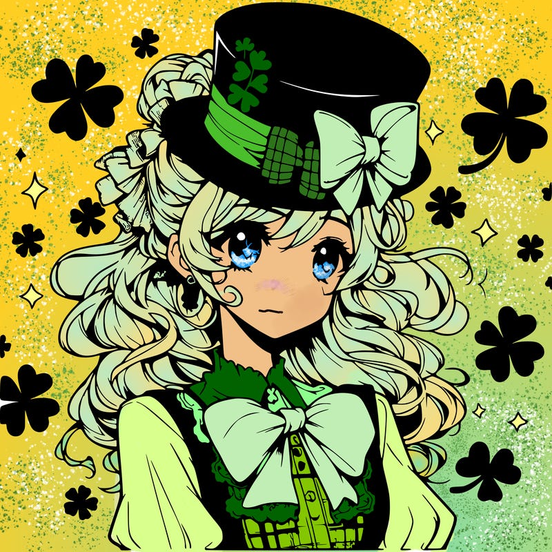 a manga-style girl with clovers around her, a little hat in her hair, like it's saint patrick's day