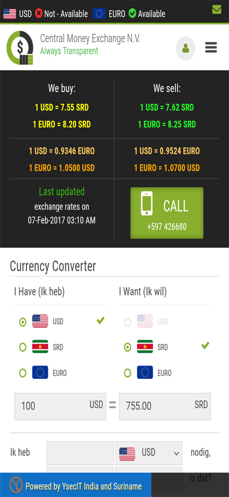 CME Cambio app interface showing USD to SRD exchange rates and a currency converter
