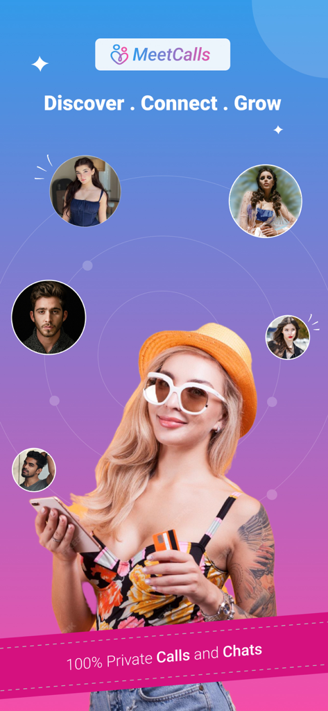 Werbebildschirm für die MeetCalls-App mit einer Frau und Profilsymbolen für private Videoanrufe und Chats.