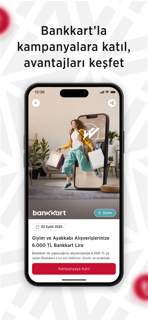 Bankkart Mobil - Interface de l'application Bankkart Mobil montrant une campagne promotionnelle pour des récompenses d'achat sur les vêtements et les chaussures.