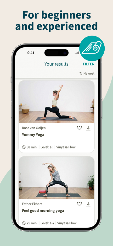 Interfaz de la aplicación YogaEasy que muestra una lista curada de clases de yoga para principiantes y usuarios experimentados
