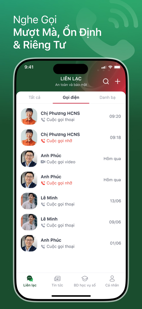QiMeアプリの通話履歴インターフェースが表示されているiPhone画面。セキュアなコミュニケーションのための音声通話とビデオ通話のログが含まれています。