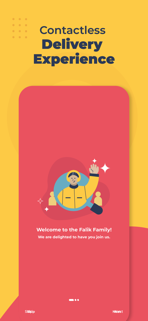 Falik app onboarding screen welcoming users to a contactless delivery experience with a friendly delivery person illustration