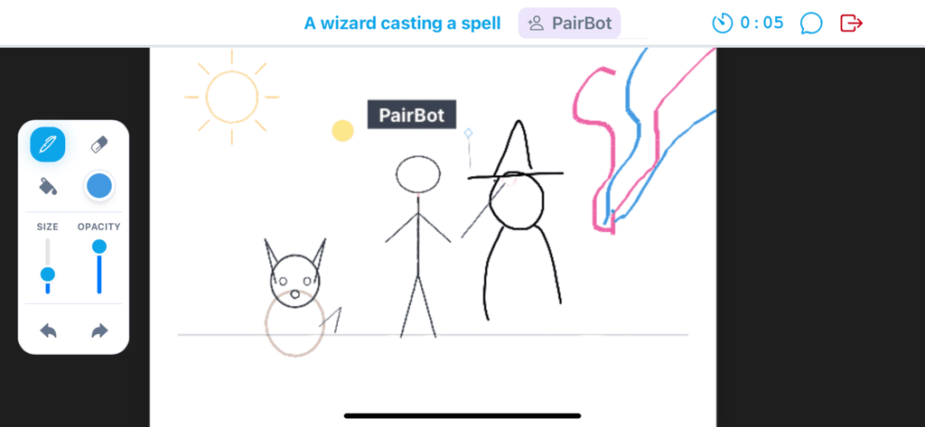 Lienzo de dibujo compartido en tiempo real con una indicación de asistente y bocetos de figuras de palo