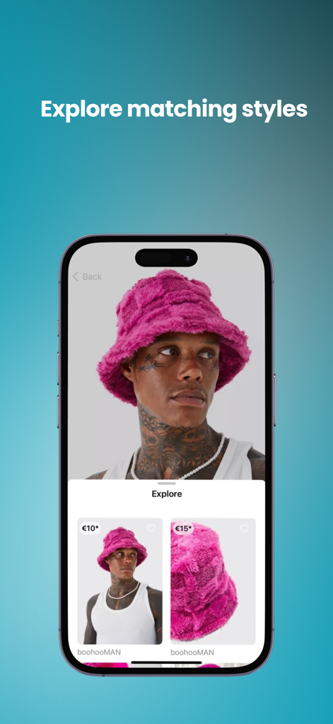 StyleScanner app interface showing visual search results for a pink fuzzy bucket hat