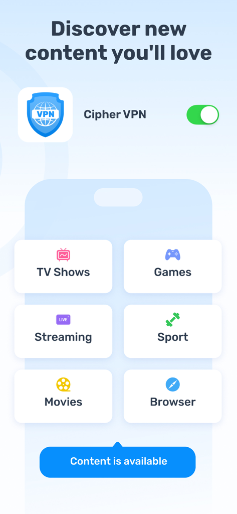 Cipher VPN  - Proxy Master - Cipher VPN app interface showing categories for TV shows, games, and streaming content with an active connection toggle