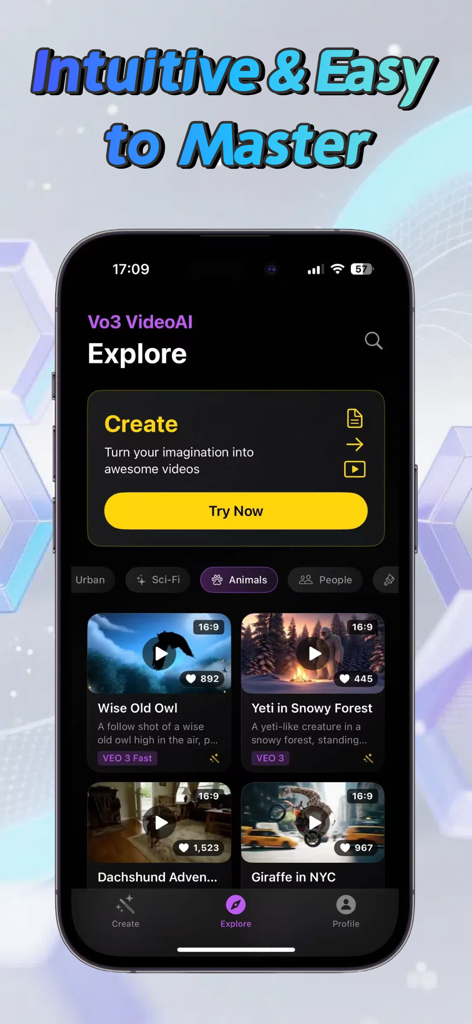 La pantalla de exploración de la aplicación Generador de Vídeo IA Vo3 que muestra una variedad de ejemplos de vídeo generados por IA en un diseño de cuadrícula.