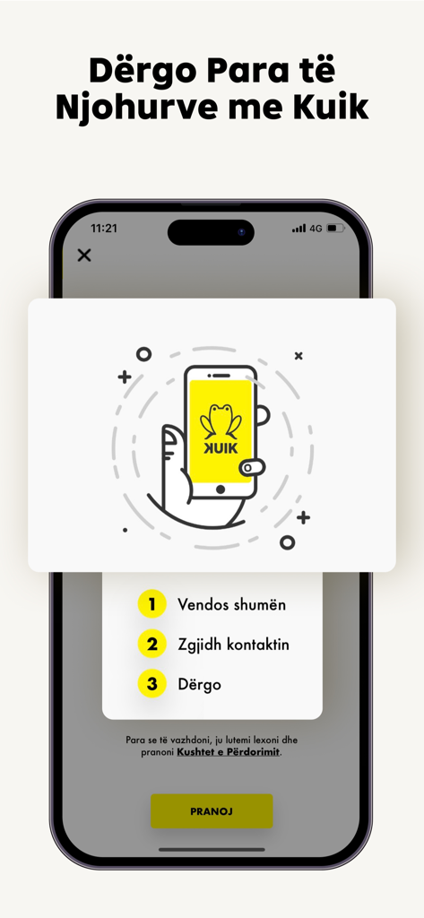 Raiffeisen ON app screen explaining the three steps to send money using the Kuik real-time transfer feature