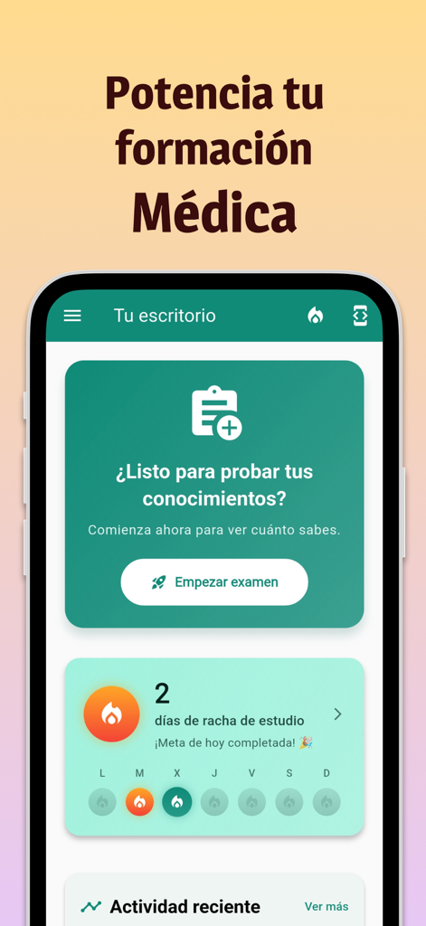 Panel de Preguntas Mir Me App mostrando racha de estudio y opción de iniciar examen.