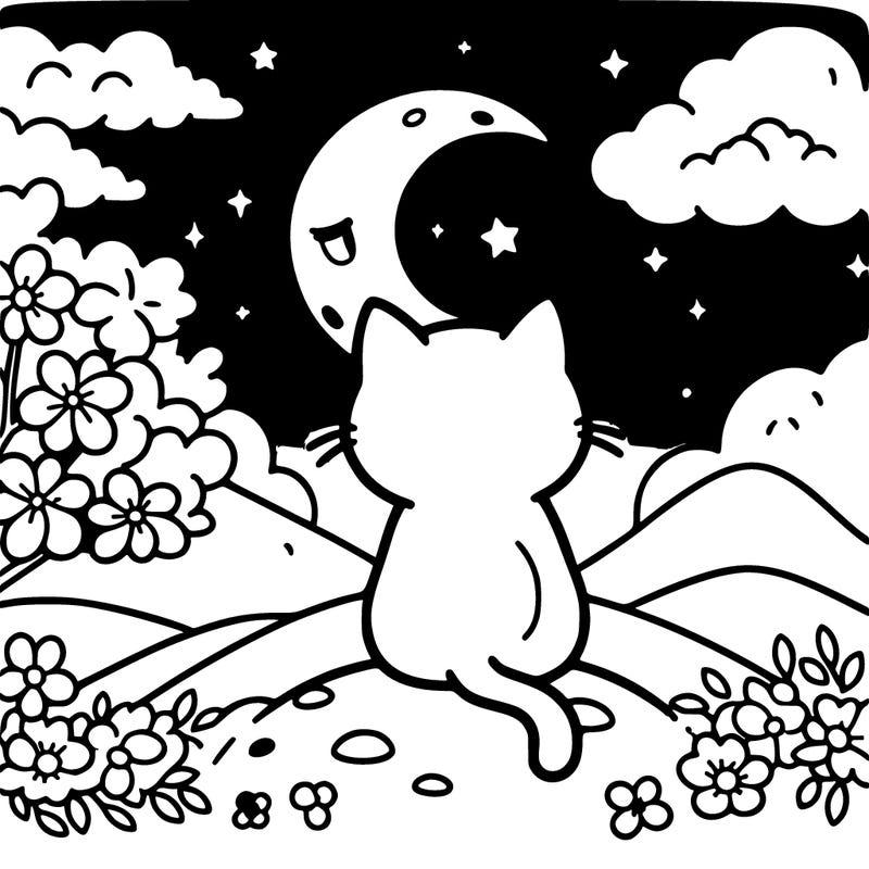 cat facing the night sky while sitting on a crescent mom with clouds an cherry blossom so all around