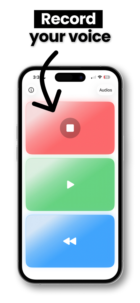 Reverse Play - Voice Changer - Interface of Reverse Play app showing the record your voice screen with a large red record button and colorful playback controls