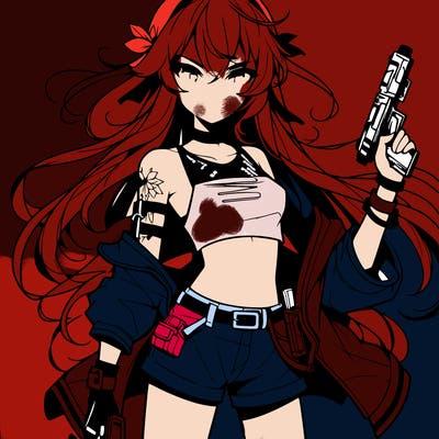 bad girl wearing crop top holding a gun long hair anime