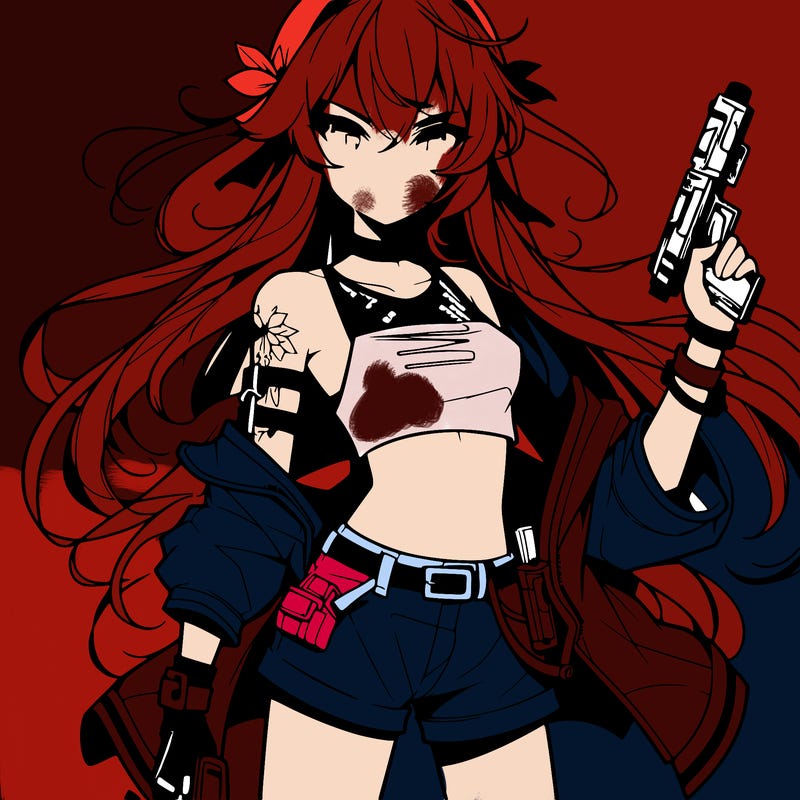 bad girl wearing crop top holding a gun long hair anime