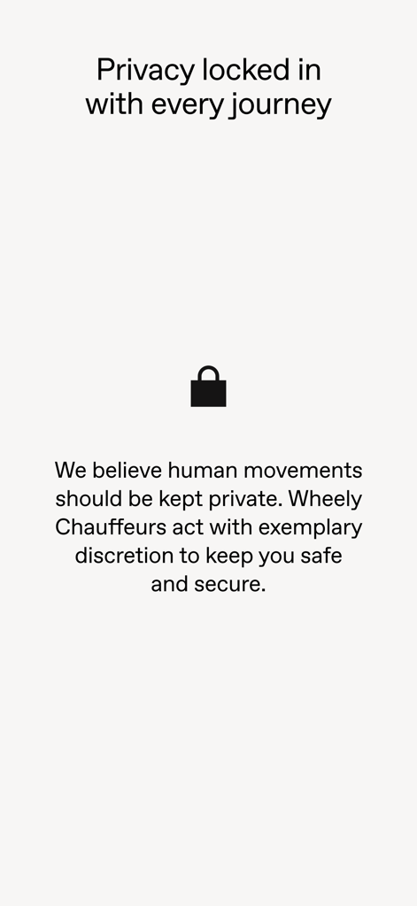 Wheely - 승객 프라이버시와 의전 기사의 격식을 강조하는 Wheely 앱 화면